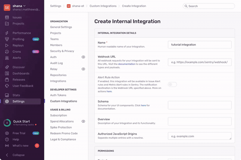 Sentry.io UX walkthrough of creating a token and setting it's permissions.